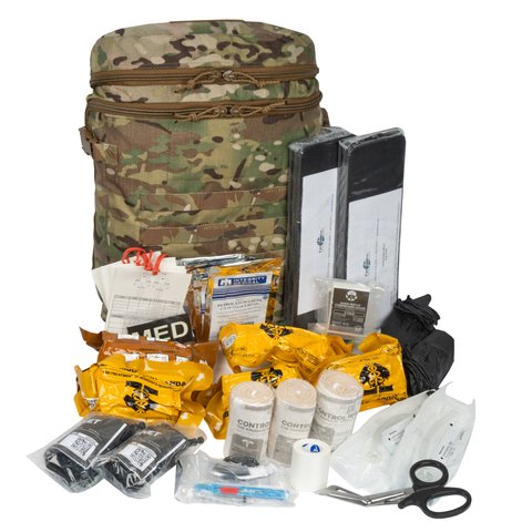 TacMed R-AID Kit, Multicam, Bandage, Hemostatic Gauze, Gauze for wound packing, Decompression needles, Medical scissors, Medical cards, Nasopharyngeal airway, Anti-burn dressing, Turnstile, Traction splint