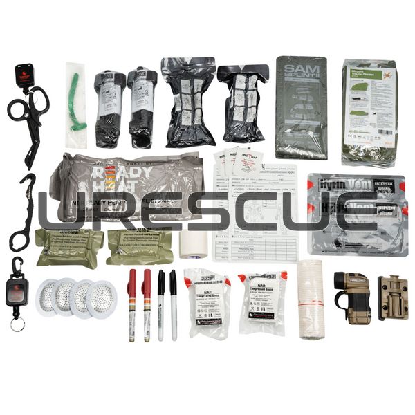 North American Rescue Squad Responder Kit, Multicam, Bandage, Elastic bandage, Medical rolled gauze, Decompression needles, Medical scissors, Nasopharyngeal airway, Occlusive dressing, Heating blanket, Turnstile, Traction splint, Eye shield