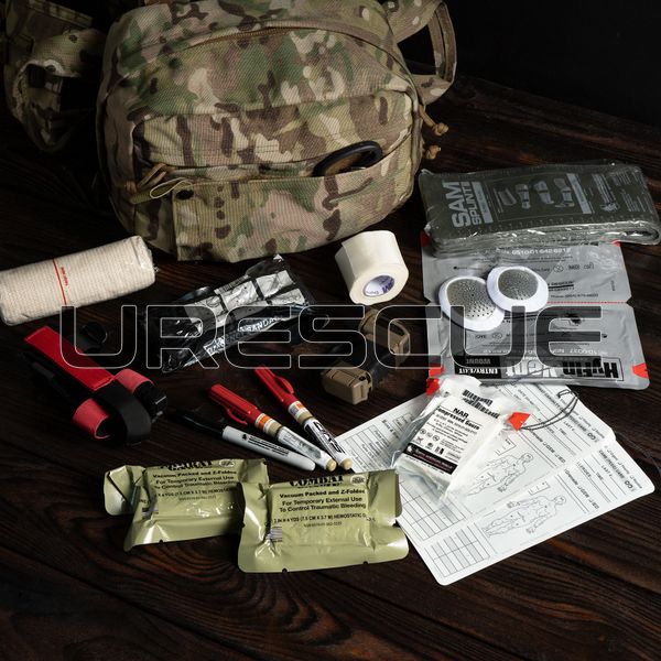 North American Rescue Squad Responder Kit, Multicam, Bandage, Elastic bandage, Medical rolled gauze, Decompression needles, Medical scissors, Nasopharyngeal airway, Occlusive dressing, Heating blanket, Turnstile, Traction splint, Eye shield