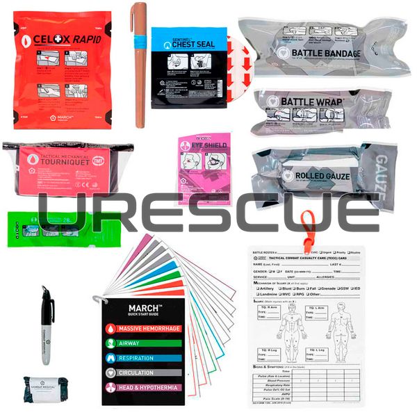 March IFAK Resupply Kit, Clear, Bandage, Hemostatic Gauze, Decompression needles, Nasopharyngeal airway, Occlusive dressing, Turnstile, Eye shield