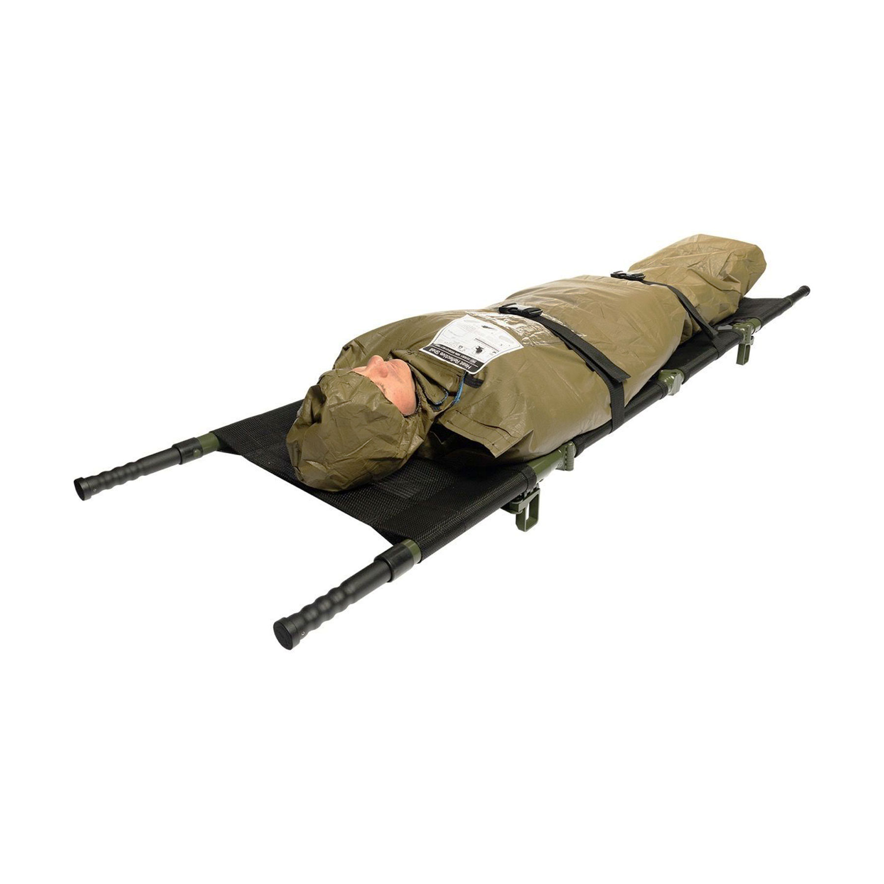 Person wrapped in a thermal blanket on a medical stretcher 